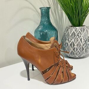 Giuseppe Zanotti Tan Leather Lace-Up Peep Toe Bootie  Heels